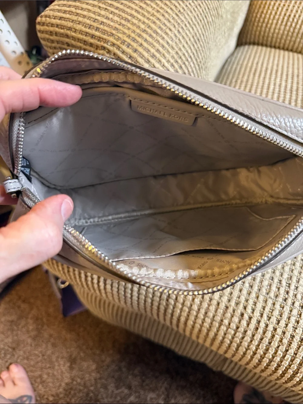 Michael Kors Light Gray Pebbled Leather Toiletry Bag